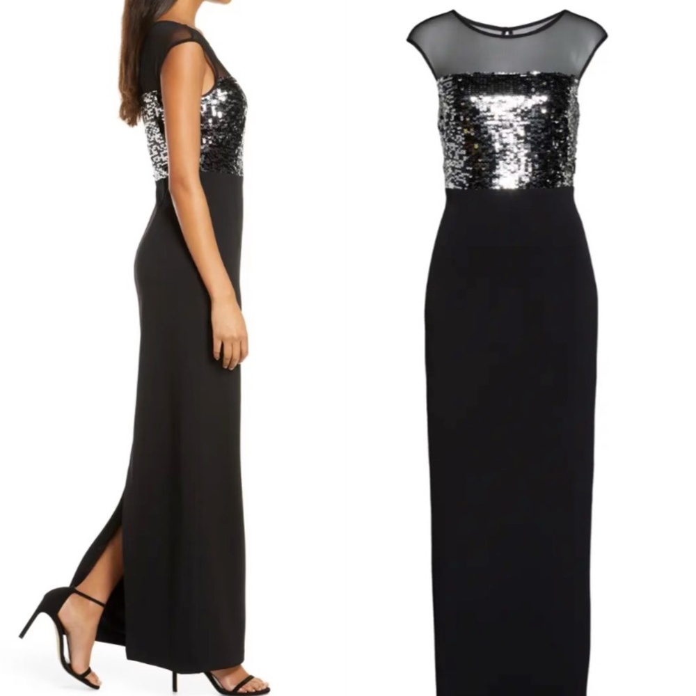 Vince Camuto Sequin & Mesh Bodice Column Gown 8